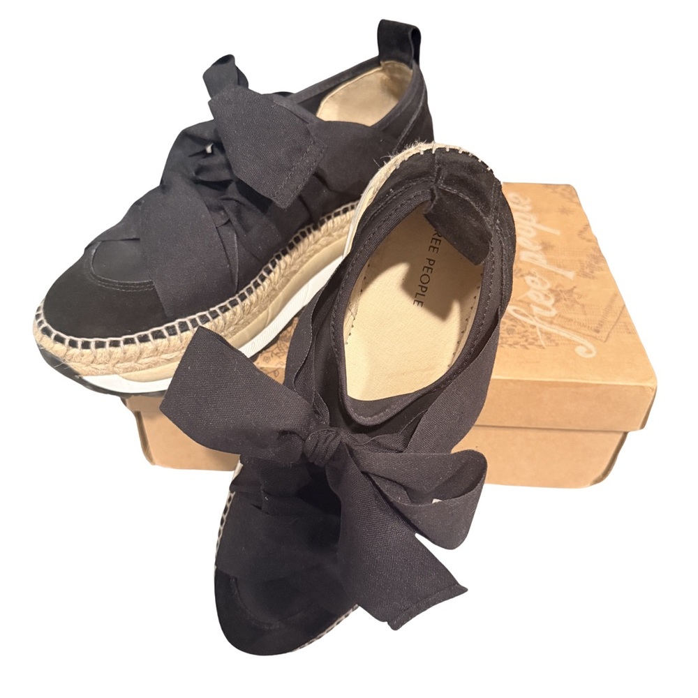 Free People Black Espadrille Platform Sneakers with Jute Trim